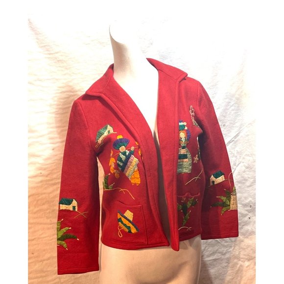 Vintage Handmade Embroidered Sweater Jacket Village Farmer Setting OOAK - Picture 3 of 16